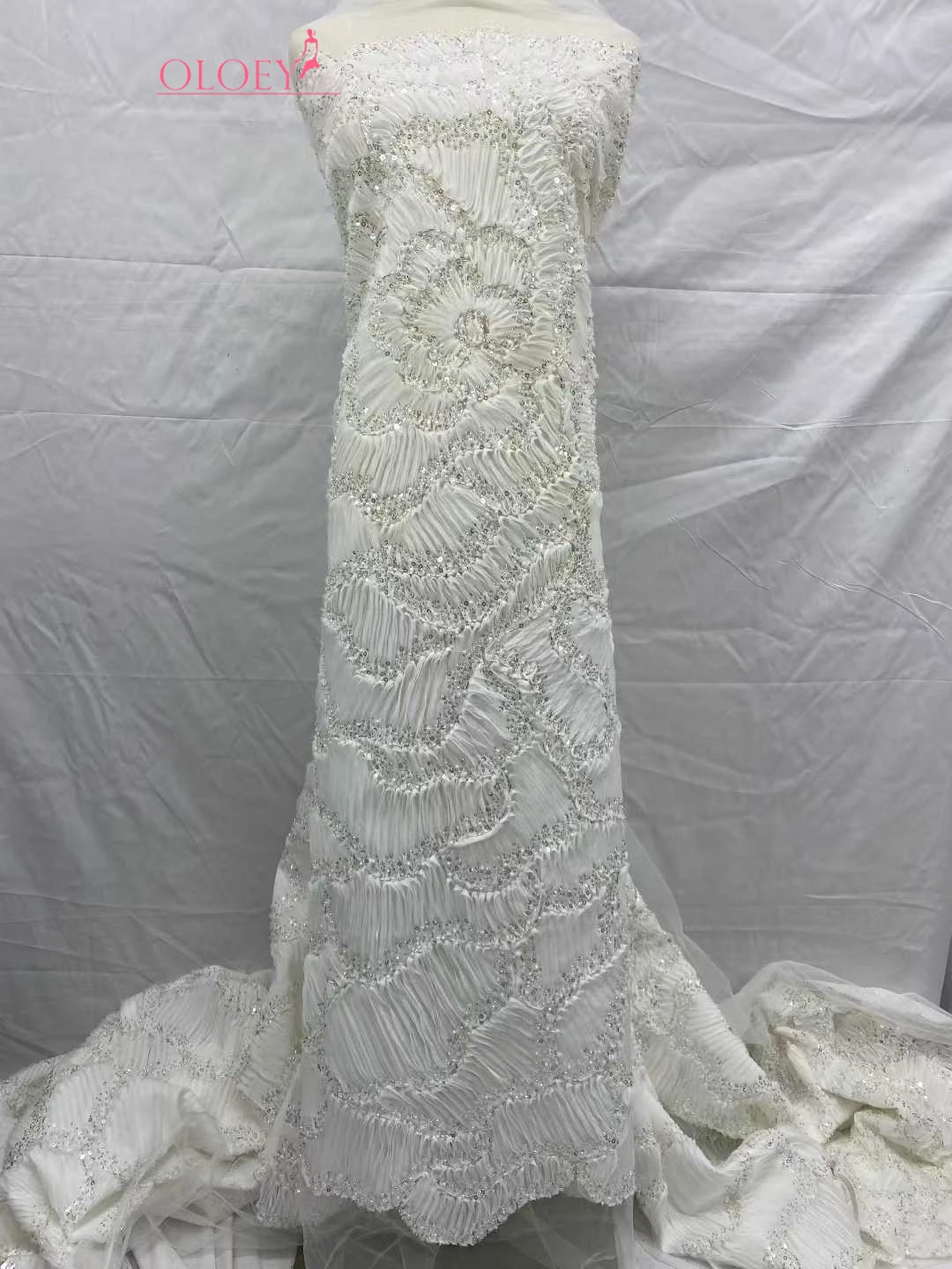 

OLOEY Luxury French Sequin Lace Fabric High-Quality African Beaded Lace Fabric Nigerian Stitched Fabric for Party Dresses