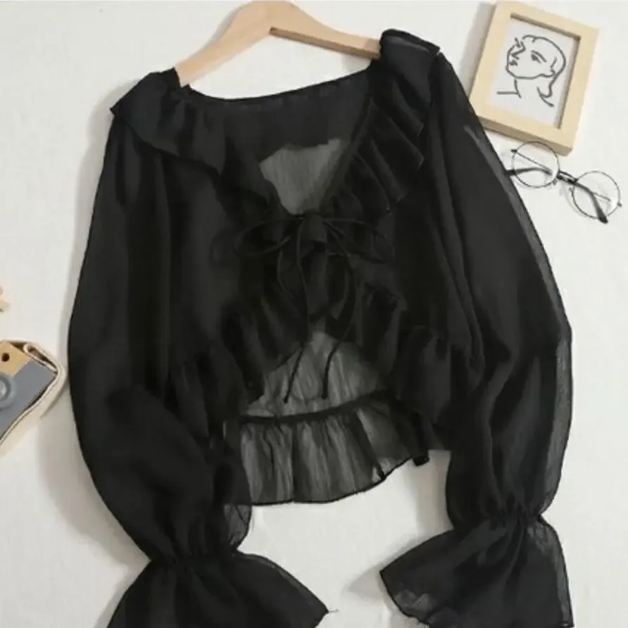 

Blouses Women Lace-up Summer New Design Thin Trendy Long Sleeve Leisure Sweet Girls All-match Korean Style Tender Streetwear Ins