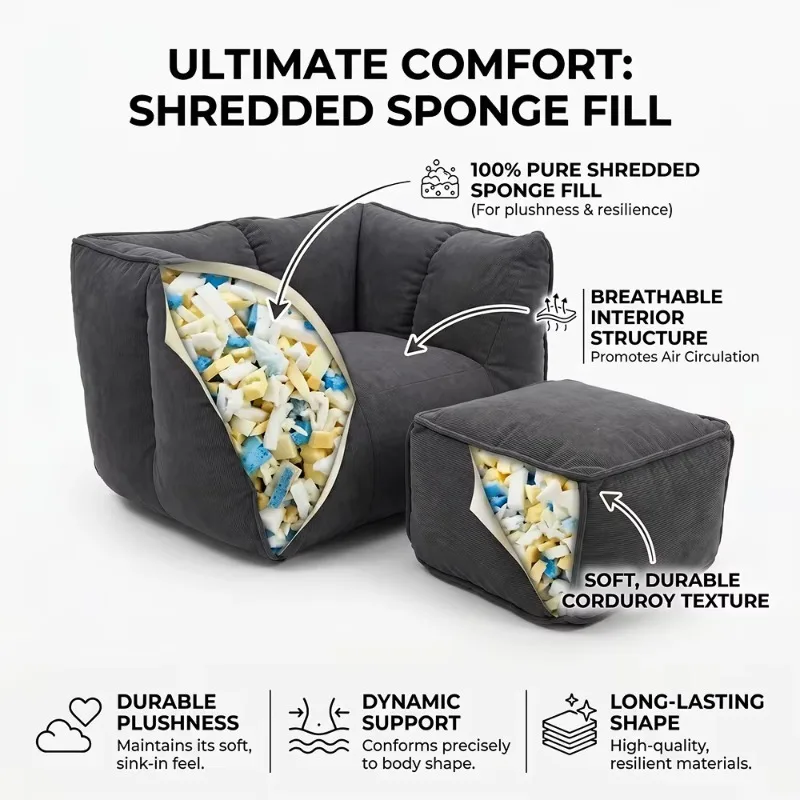 Corduroy Bean Bag Chair withOttoman Footstool Set, Shredded Foam Filled Single Lazy  Chair,suitable for bedrooms, dormitori sofa