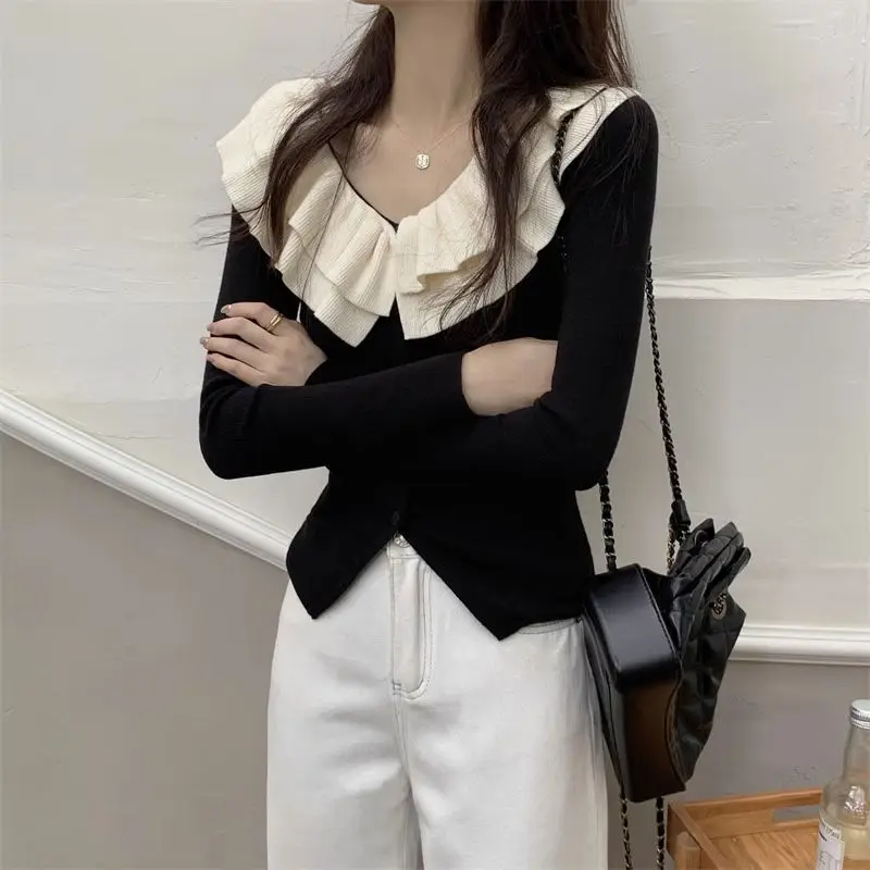 Elegant French Style Ruffles Spliced Sweaters Autumn Winter Slim Casual V-Neck Women\'s Clothing Long Sleeve Knitted Cardigan New