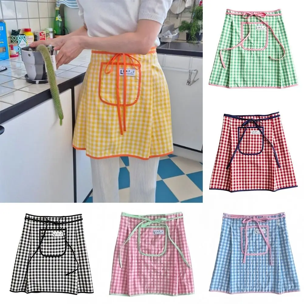New Cotton Half Waist Apron Square Check Pattern Stain Resistant Half Length Apron Breathable Kitchen Apron Home Cooking