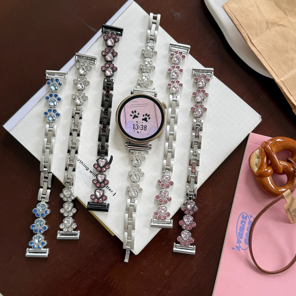 Cinturino per orologio da 18mm 20mm 22mm per Samsung Galaxy Watch 8 Ultra 2 7 6 5 4 Huawei GT 5 4 3 Pro 46mm 41mm Cartoon Zircone Zampa di gatto Strap