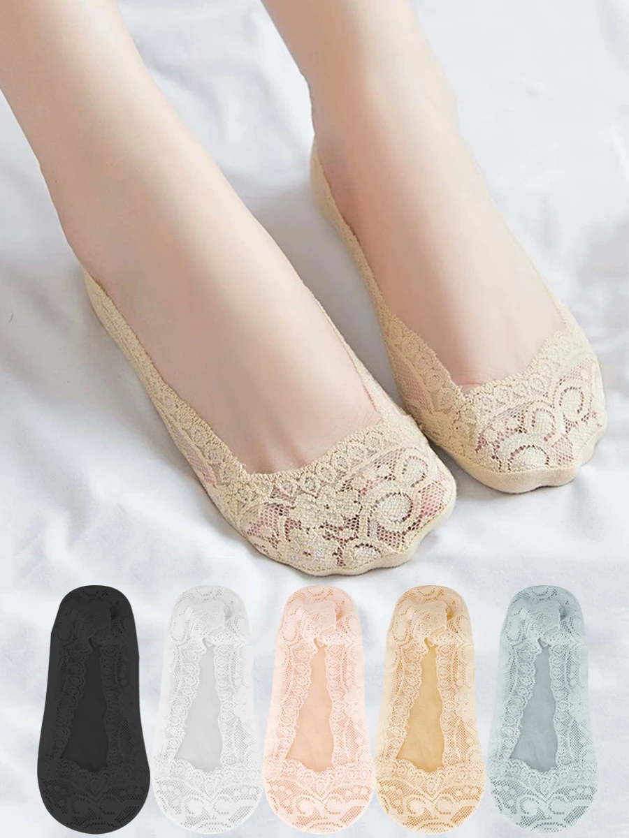 

Women's Summer Thin Outer Cute Lace Breathable Anti Slip Solid Color Socks 5 Pairs