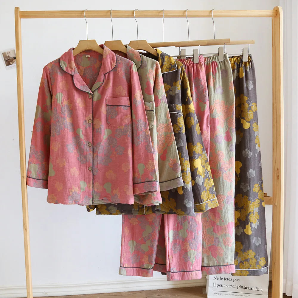 New Yarn-dyed Couple Pajamas Set Loose Casual Cardigan Long-sleeved Two-piece Loungewear Set Cotton Print Sleepwear Home Clothes