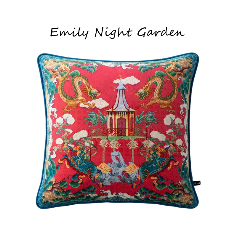 Luxury Velvet Cushion Cover 45x45cm Chinese Dragon Pagoda Print Red Throw Pillow Case for Home Sofa Living Room Decoration