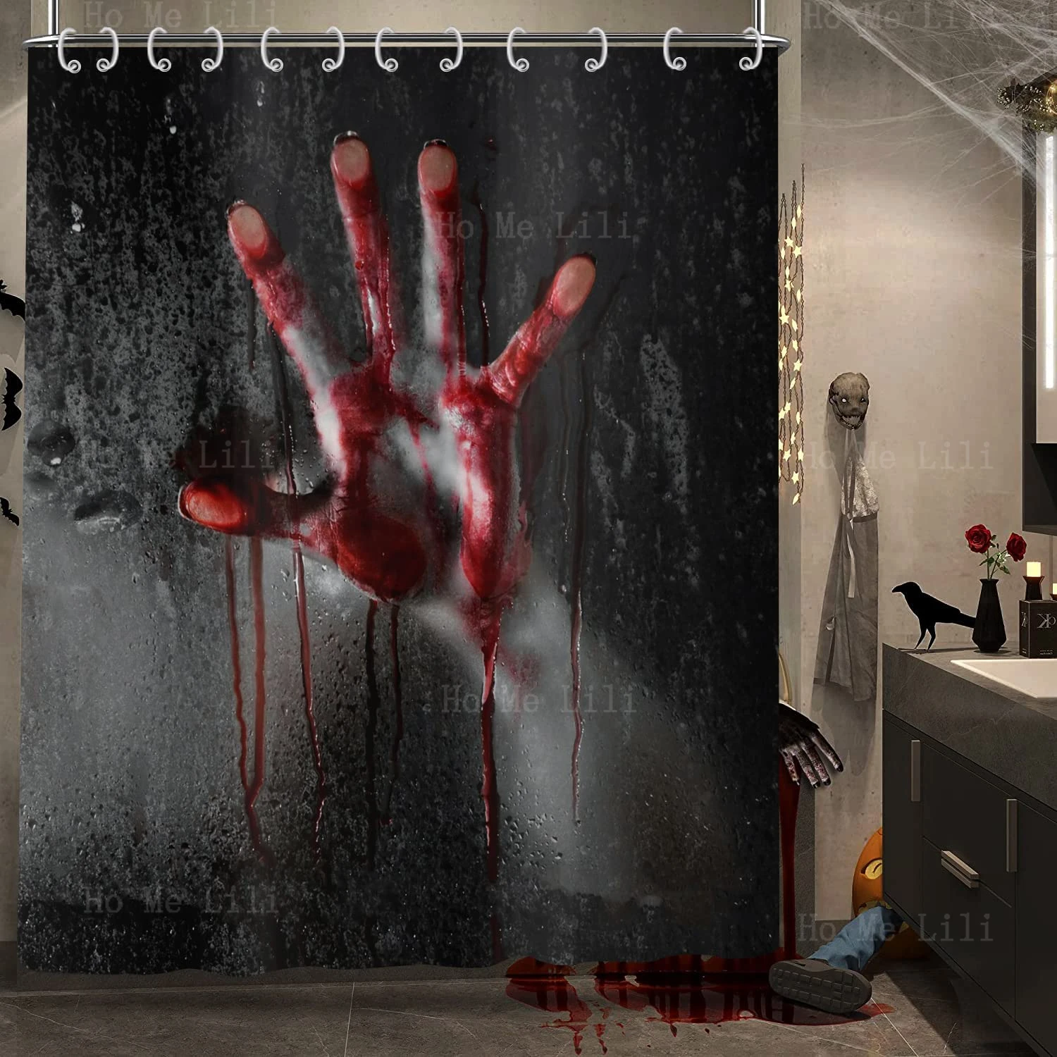 Scary Devil Nun Splashes Of Blood Grunge Style Halloween Theme Horror Bloody Hands Black Shower Curtain For Party Decor