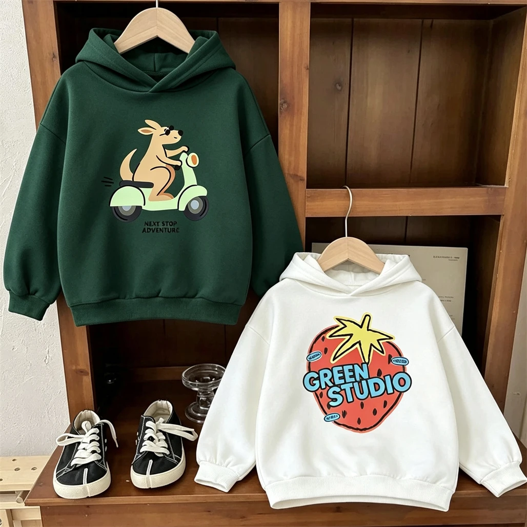 1-7Years Olds Child Long-sleeeved Pullovers Apple Cherry Strawberry Print Hoodies Casual Sports Wear Loose Sports Hooded Tops