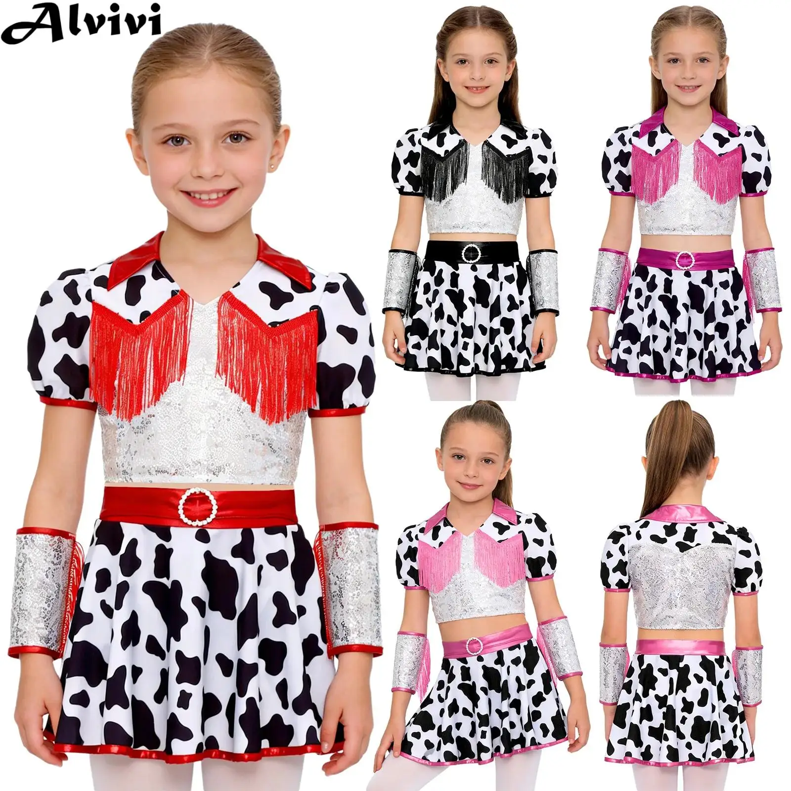 Kids Girls Cow Print Jazz Dance Outfit Halloween Carnival Western Cowgirl Cosplay Costume Crop Top with Culottes Tassel Cuffs