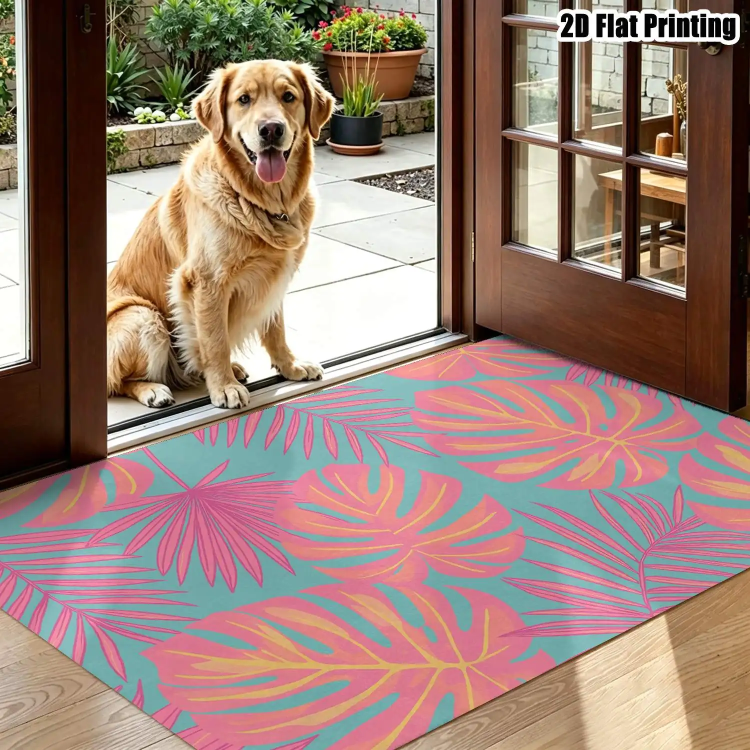 1Pc 2D Printed Pink-Blue Tropical Plant Pattern Nordic Carpet, Instagram-Inspired Modern Minimalist Floor Mat, Machine-Washable, Multi-Size Home Decor Rug for Entrance, Dining Room, Foyer, Bedroom & Living Room