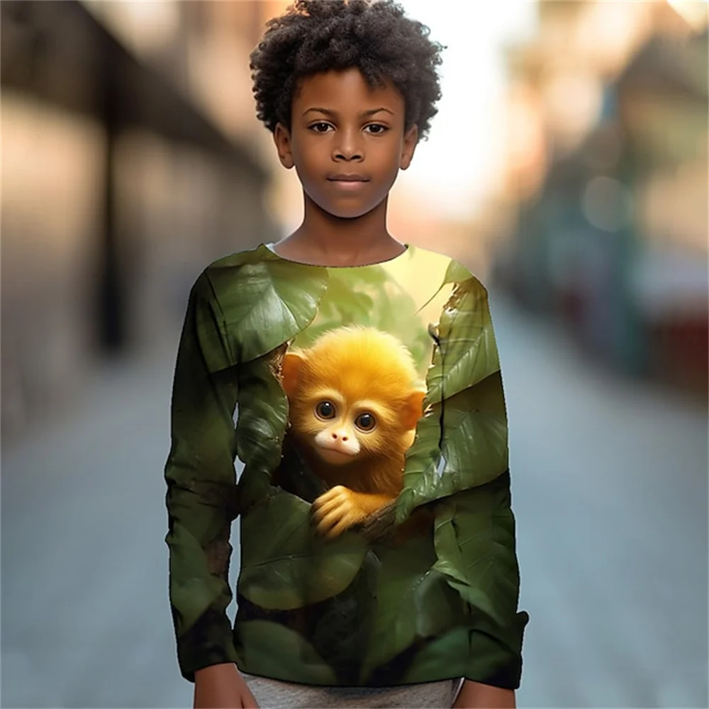 Clothing For Boys Leaf Tiger Animal Monkey Print Long Sleeve Top For Children T-Shirt Teenagers 2023 Autumn Girls Tshirt Kids