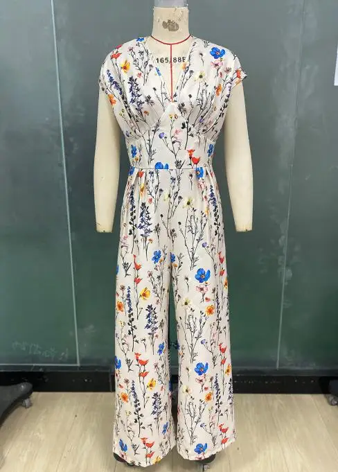 Jumpsuit Wanita Cetak Motif Terbaru Musim Gugur 2025, Lengan Pendek, Pinggang Terikat, Celana Kaki Lebar
