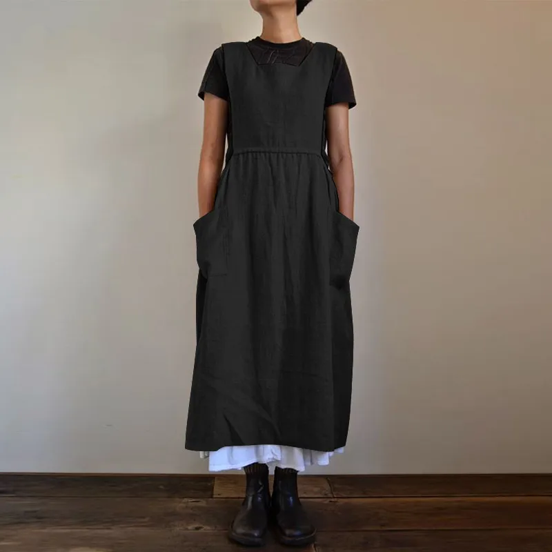3 Color Oversized S-5XL Loose Cotton Linen Apron Midi Dress For Women Casual Pocket Homewear Solid Color Kitchen Uniform