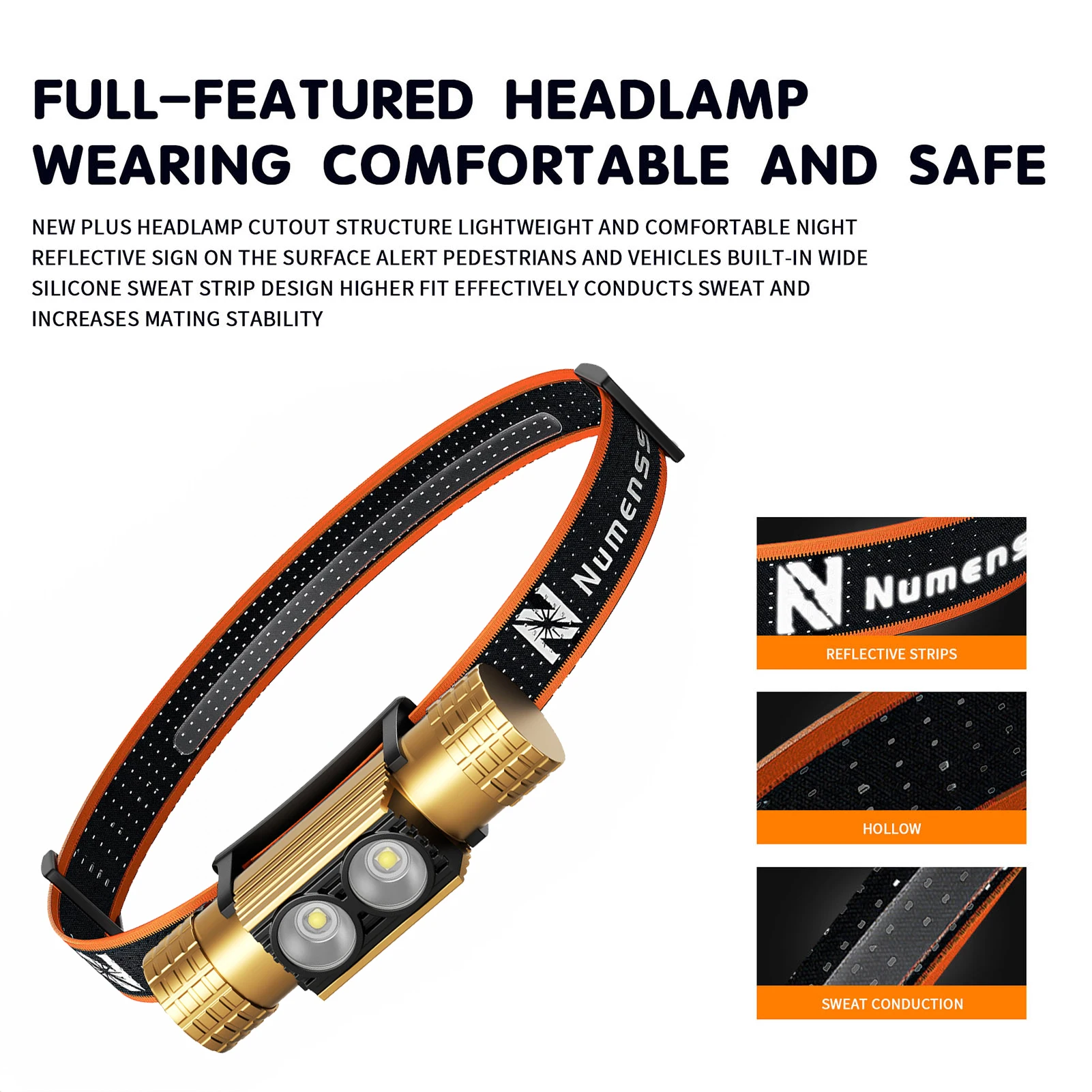 Numensseth LED Headlamp 855lm IP66 Waterproof，18650 USB C Rechargeable for Fishing，Running, camping, search and rescue, etc