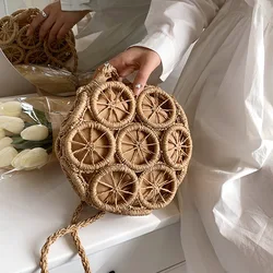 Summer Hollow Round Straw Bag For Women Casual Woven Handmade Crossbody Bag New Trendy Rattan Beach Bags Designer Circle Handbag