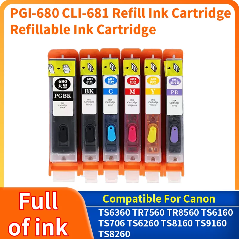 1set PGI-680 CLI-681 Refillable Ink Cartridge for Canon TS6360 TR7560 TR8560 TS6160 TS706 TS6260 TS8160 TS9160 TS8260 Printer