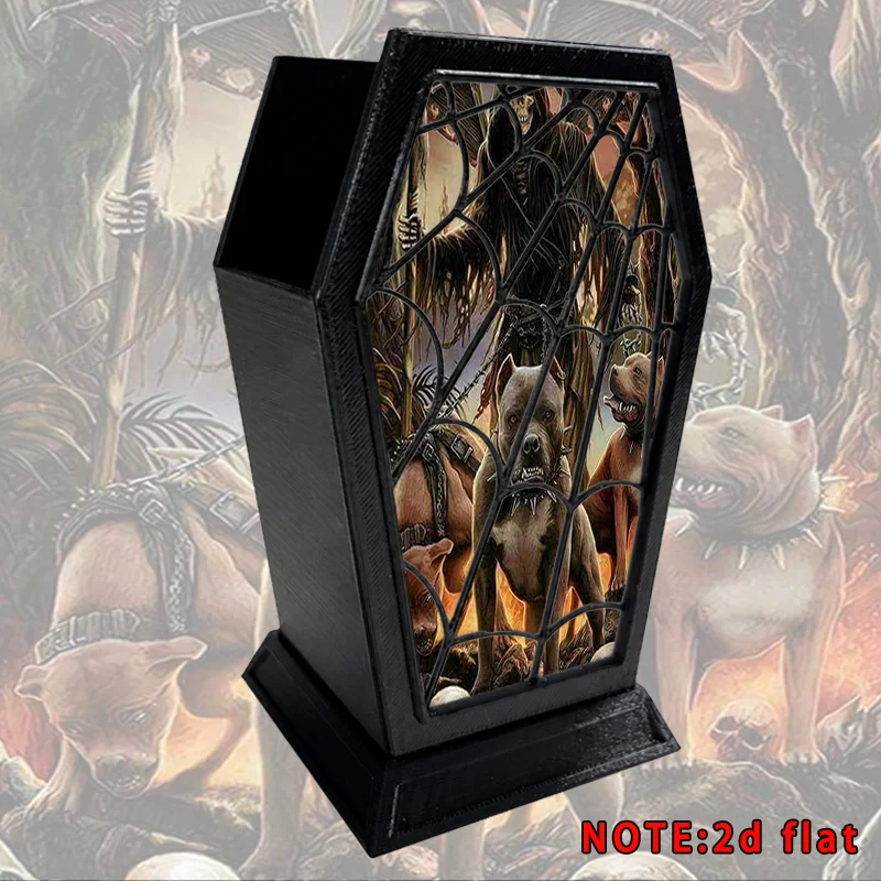Gothic Reaper & Guard Dogs Pen Holder 2D Flat Coffin Shape Desk Organizer Spider Home Office Desktop Storage Decor Gift