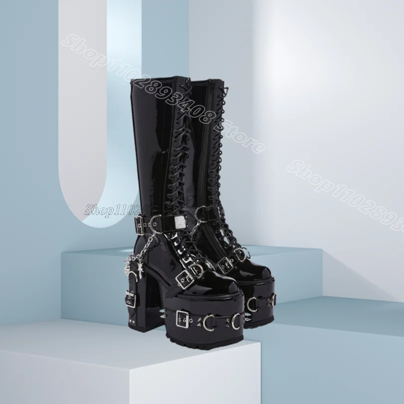 

Black Rivet Ring Decor Boots Chunky Heels Punk Style Fashion Spring Patent Leather Casual Knee Boots 2025 Zapatos Para Mujere