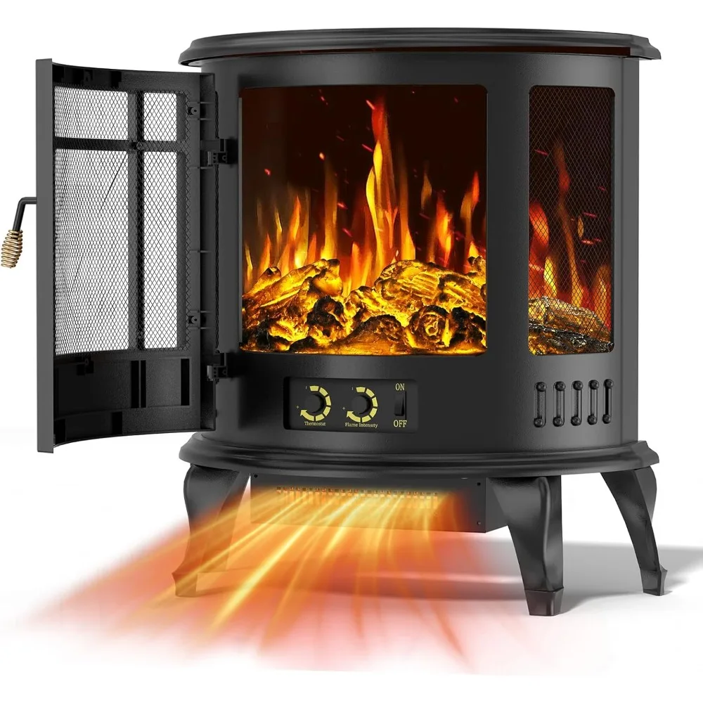 Estufa de chimenea eléctrica ovalada retro, calentador independiente de 1500 W con llama 3D realista, termostato y protección contra sobrecalentamiento