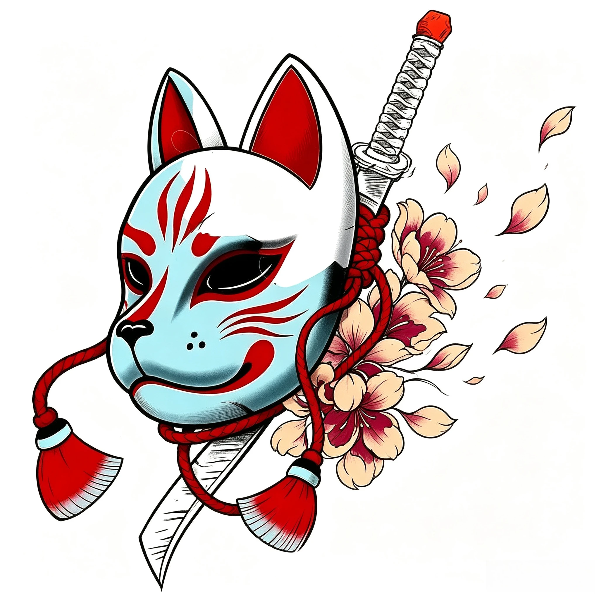 Japanese Fox Mask with Katana Vinyl Sticker, Waterproof Decal for Luggage, Fridge, Window & Helmet