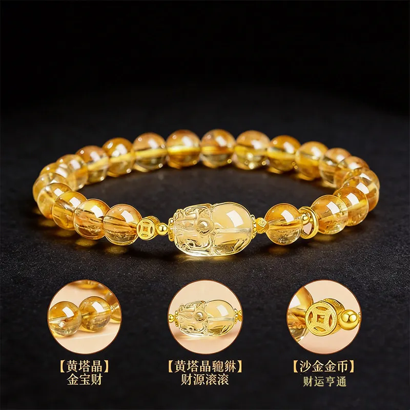 Chinese Style Lucky Citrine Pixiu Bracelet Golden Tiger Eye Yellow Crystal Bracelet For Men Women Wealth Fortune Blessing Jewelr