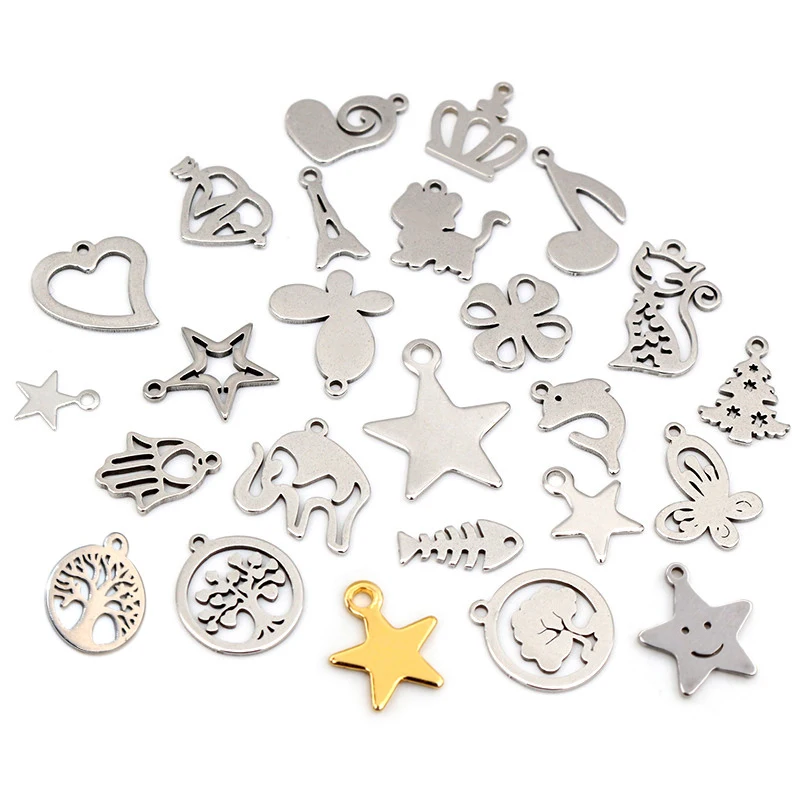 30pcs/lot No Fade 316 Stainless Steel Star Heart Fish Cat Charms Pendant for DIY Necklace Bracelet Craft Jewelry Making Findings