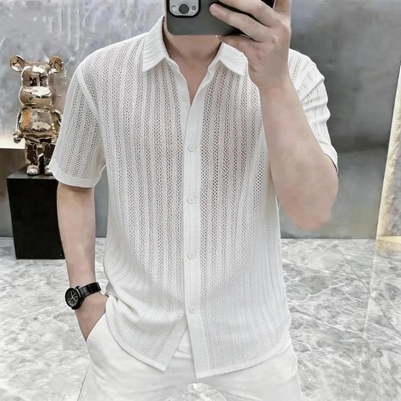 

Solid Color Striped Hollow Knitted Shirt Summer Loose Sun Resistant Breathable Casual Shirts Social Business Knitted Cardigan