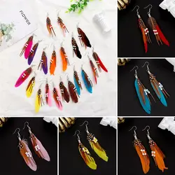 Jewelry Boho Vintage Ethnic Women Female Feather Dangle Drop Earrings Golden Silver Rainbow Beads