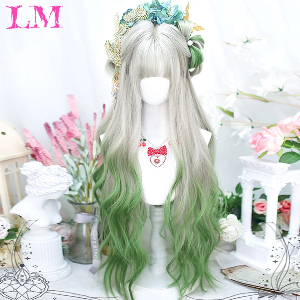 LM Silver White Gradient Green Synthetic Wigs With Bangs for Women Long Wavy Hair Wig Natural Cosplay Party Heat Resistant