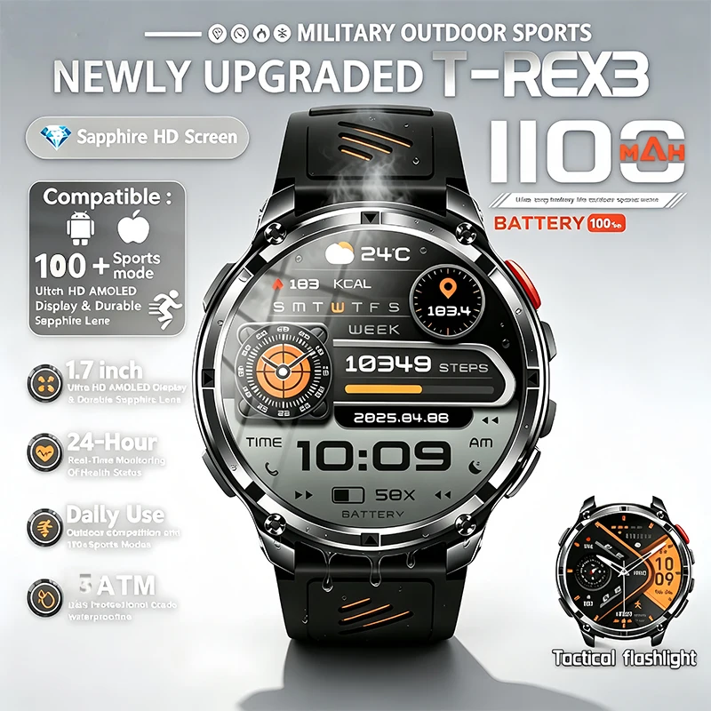 

For erunner1100 GPS Smart Watch 3ATM Waterproof AMOLED Screen Compass Flashlight HT33 BT Calling Sports Smartwatch Men Android