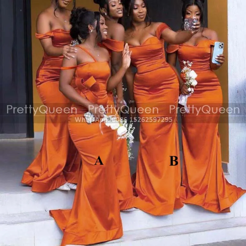 Vestidos largos de dama de honor de sirena personalizados con hombros descubiertos de talla grande para mujer vestido de fiesta de invitados de boda con tubo naranja