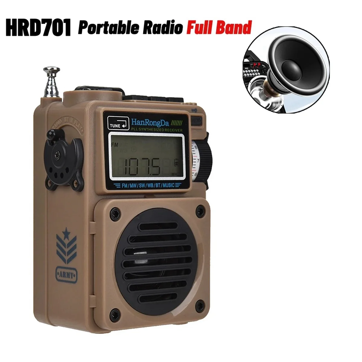 HanRongDa HRD701 FM/MW/SW/WB/AM Digital Radio Portable Full-Band Wireless Bluetooth Audio Receiver Music Player ,Khaki