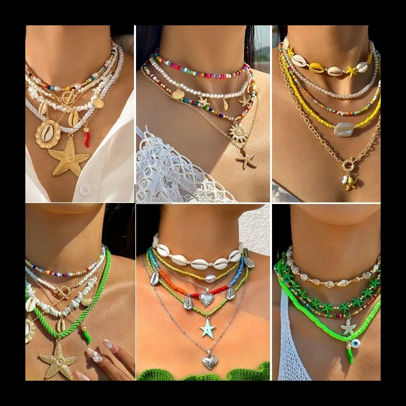 Collar bohemio de cuentas de arroz de color estrella de mar, collar de perlas de imitación de vieira de playa para mujer