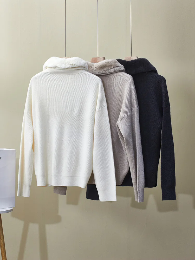 Sweater Kasmir Musim Dingin Kerah Bulu Lepas Model Longgar Serbaguna Rajutan Tebal