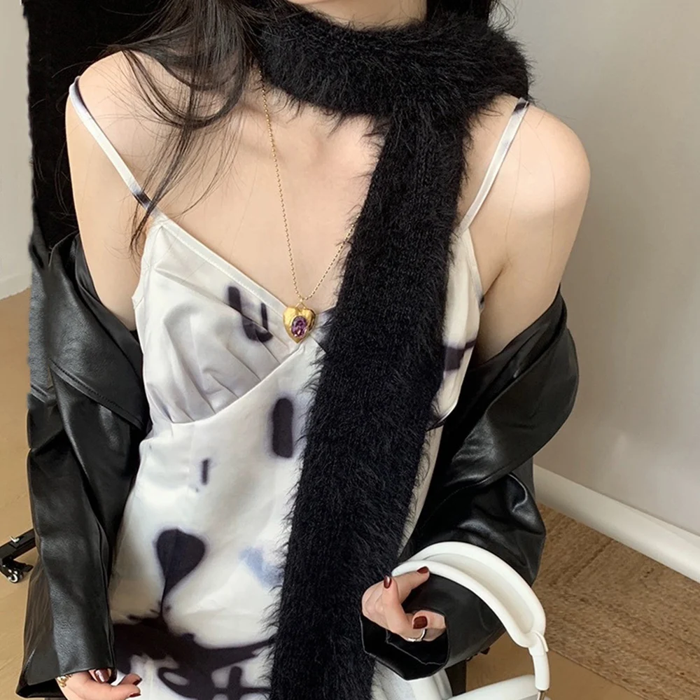 Korean Y2K Long Thin Scarf Warm Imitation Mink Fur Scarves Women\'s Autumn Winter Plush Warm Knitted Shawl Fashion Skinny Scarves