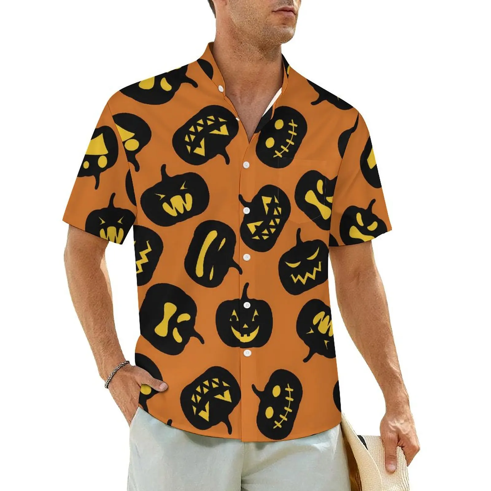 

Hawaiian Shirt Vacation Happy Haunts Blouses Halloween Pumpkins Novelty Casual Shirts Male Short-Sleeved Harajuku Oversized Top