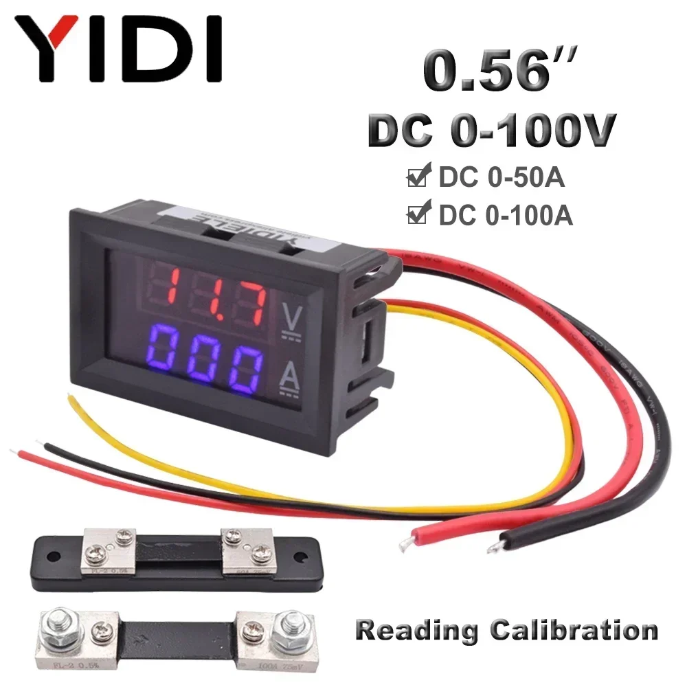 0.56 Digital DC 0-100V 0-50A 0-100A Red Blue LED Amp Volt Tester Current Voltage Meters Measurement Voltmeter Ammeter with Shunt
