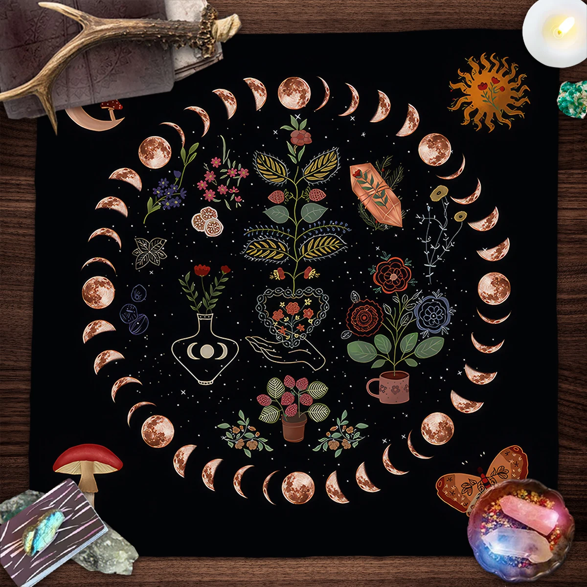 Moon Tarot Tablecloth Flowers And Plants Tarot Card Table Cover Sun Moon Witch Altar Cloth Spiritual Oracle Card Pad Home Decor