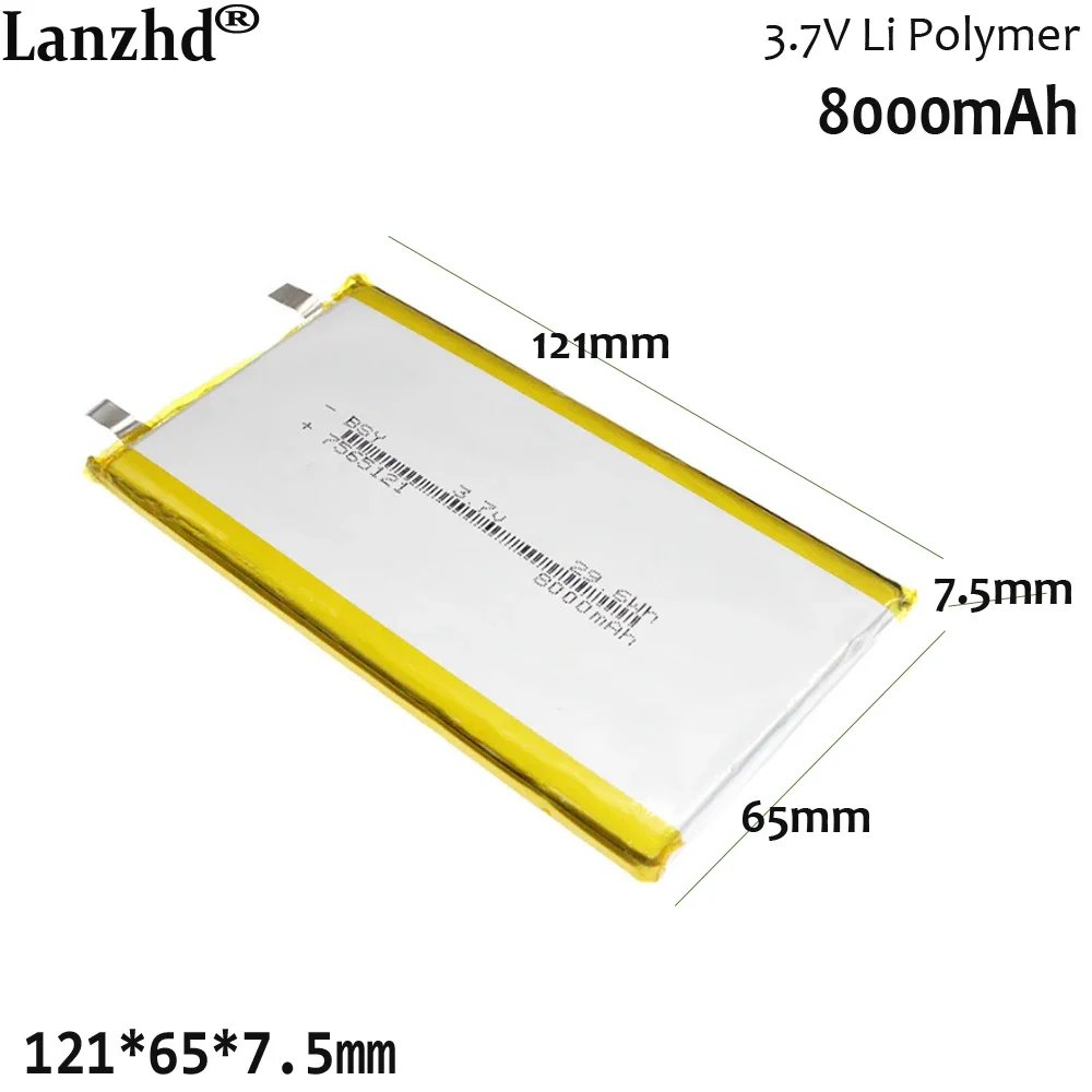 

1-10pcs 3.7V Li polymer rechargeable battery For Sterilized lamp charging bank Power bank mobile power LED light 7565121 8000mAh