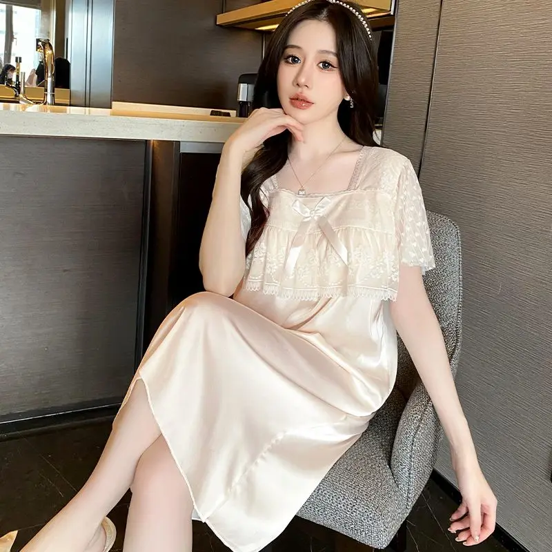 Ice Silk Pajama Dress for Women Summer Short Sleeved Sleepshirts Thin Sexy Lace Nightgowns Bow High-end Oversized Loungewear