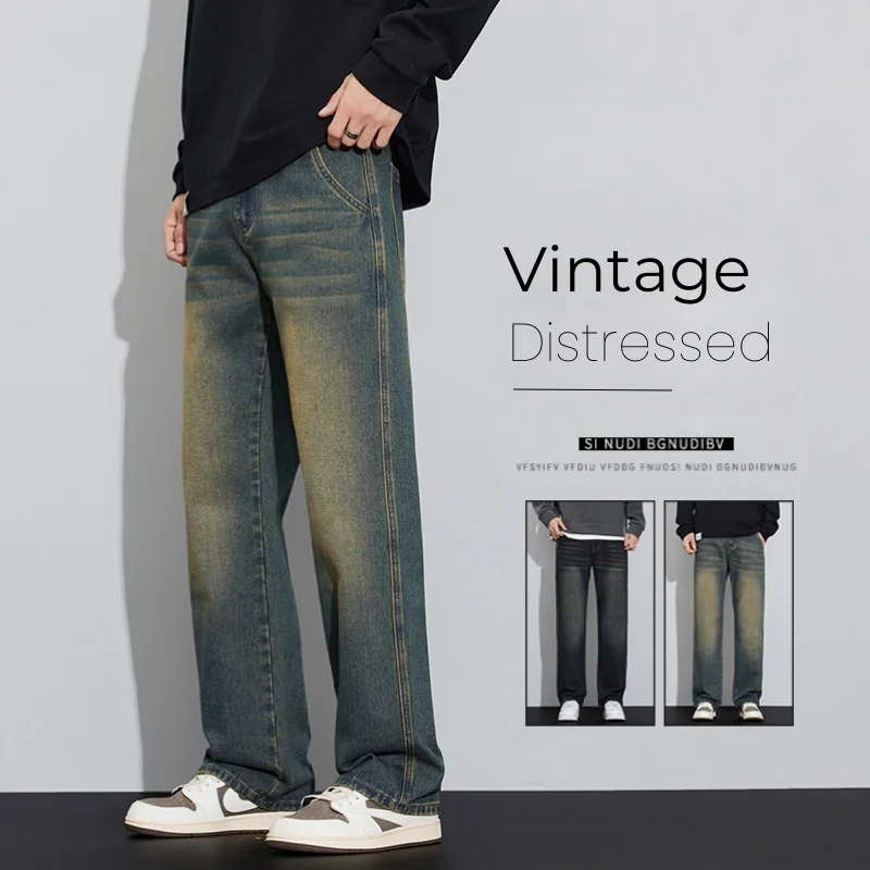 

Fashion Korean Vintage Jeans Men's Clothing High Street Distressed Personality Hip-hop Straight Wide Denim Trousers Male