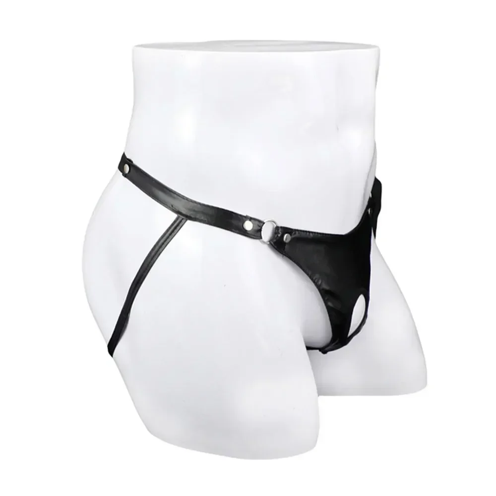 Pantaloncini e mutande da uomo sexy in pelle artificiale nera esotica con anello in metallo perizoma Jock Strap intimo da uomo