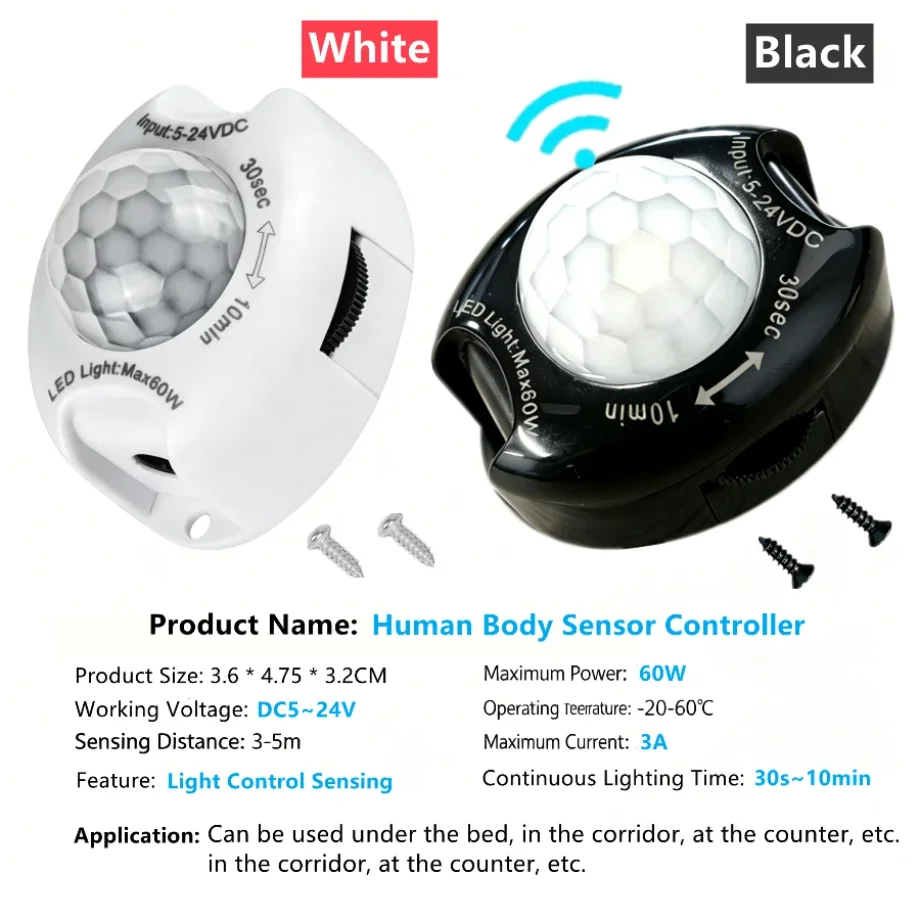 Highly Sensitive PIR Motion Sensor Switch DC5~24V 3A 60W Adjustable Time Delay Infrared IR Sensor Detector for LED Strip