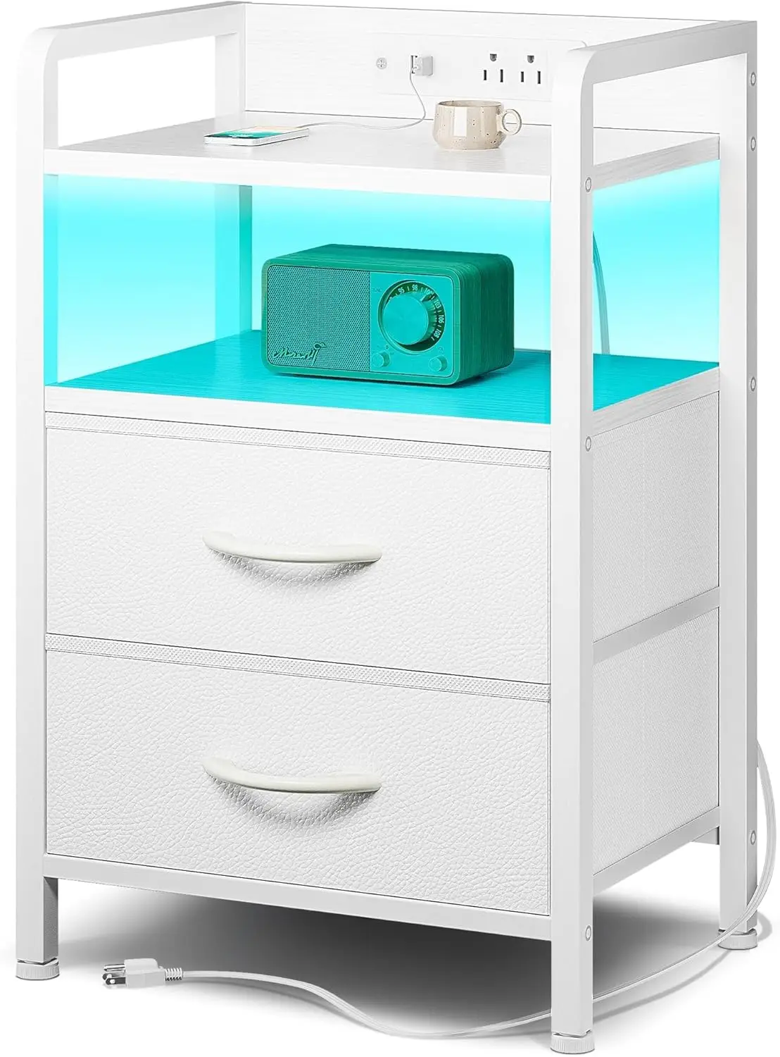 Night Stand Bedside Table Bedroom - Nightstand with Charging Station & LED Light Strip, Bed Side Table furniture bedroom