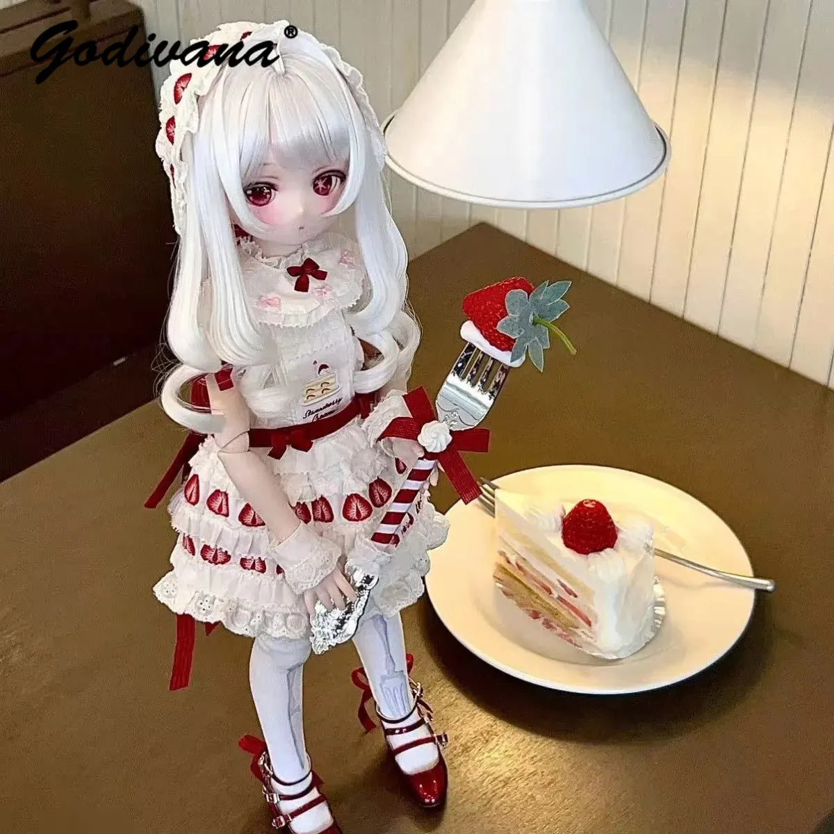 Kawaii Strawberry Print Lolita 1/4 BJD Doll Outfit Cute Tiered Ruffle Puff Sleeves Dress with Lace Headdress and Socks 3pcs Set