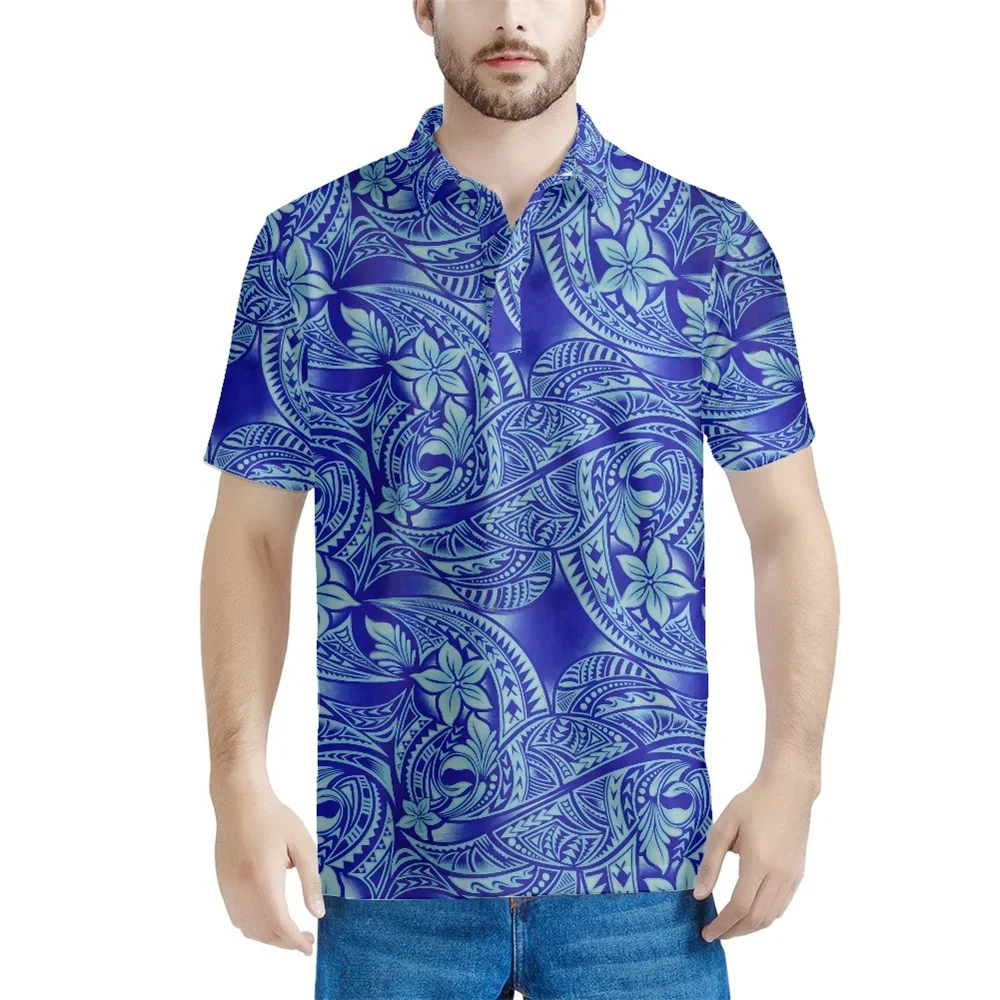 

High Quliaty Polo Button Shirt For Men Polynesian Tribal Clothing Samoa Hawaii Fiji Blue Flower Pattern Print 2023 For Business