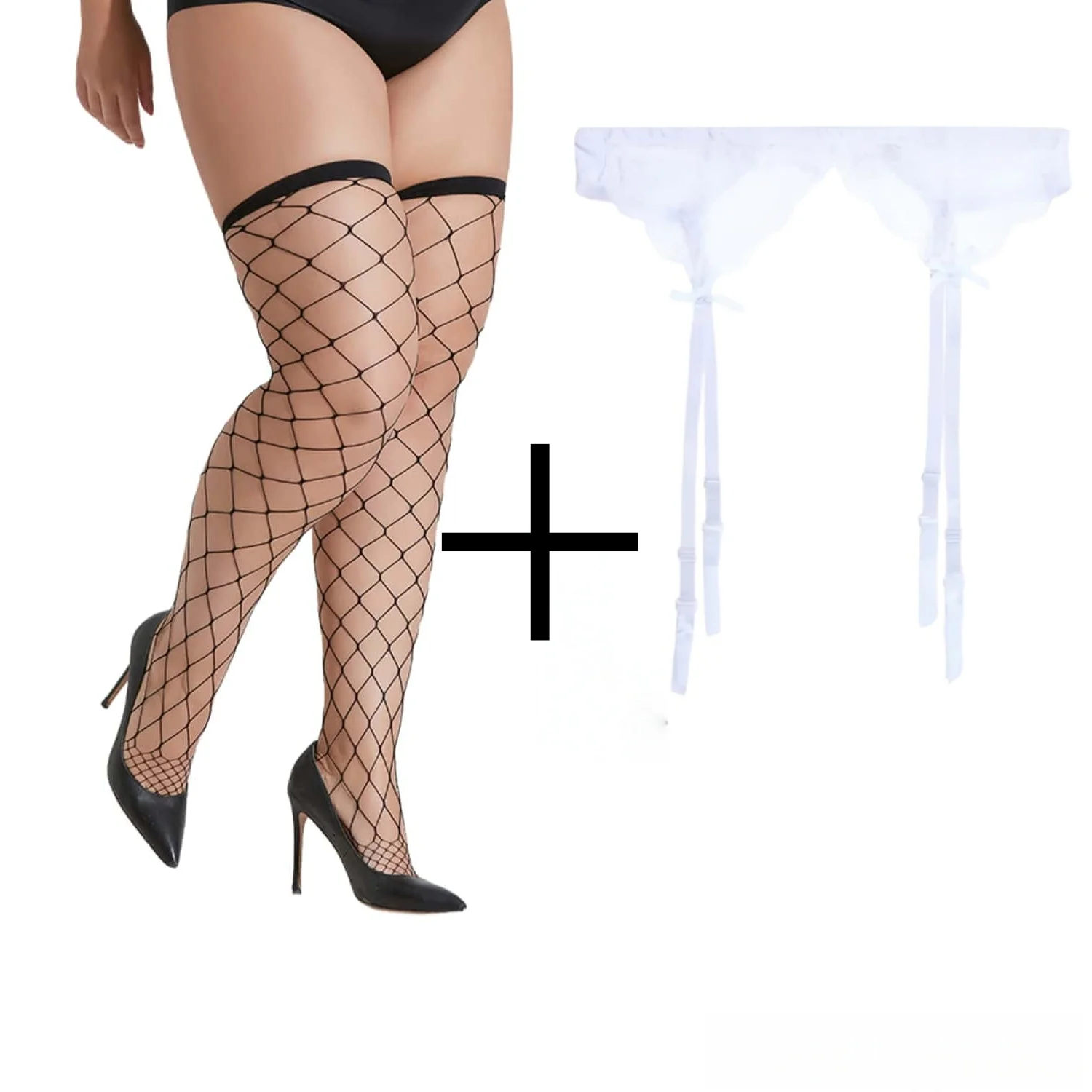 

2PCS set plus Size Black Lace Stockings with Adjustable Anti-Slip Garter Belt Transparent Sexy Suspender Pantyhose for Women XXL
