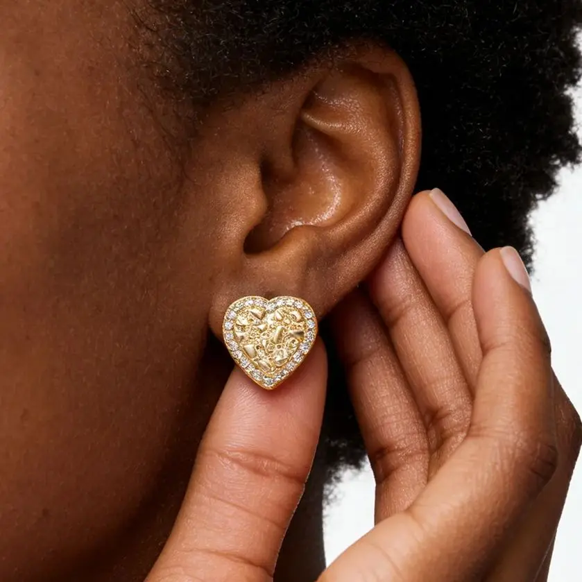 

14k gold plated heart shape nugget stud earrings with cz cubic zircon crystal stone diamond hip hop style for men and women punk