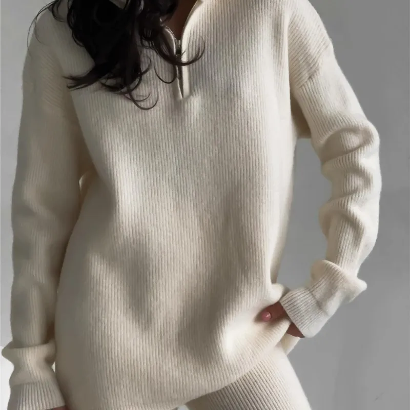 2025 New Womens Half-Zip Turtleneck Knit Set Spring & Autumn Export Style Casual Suit Soft Stretch Fabric Comfort Fit for Office