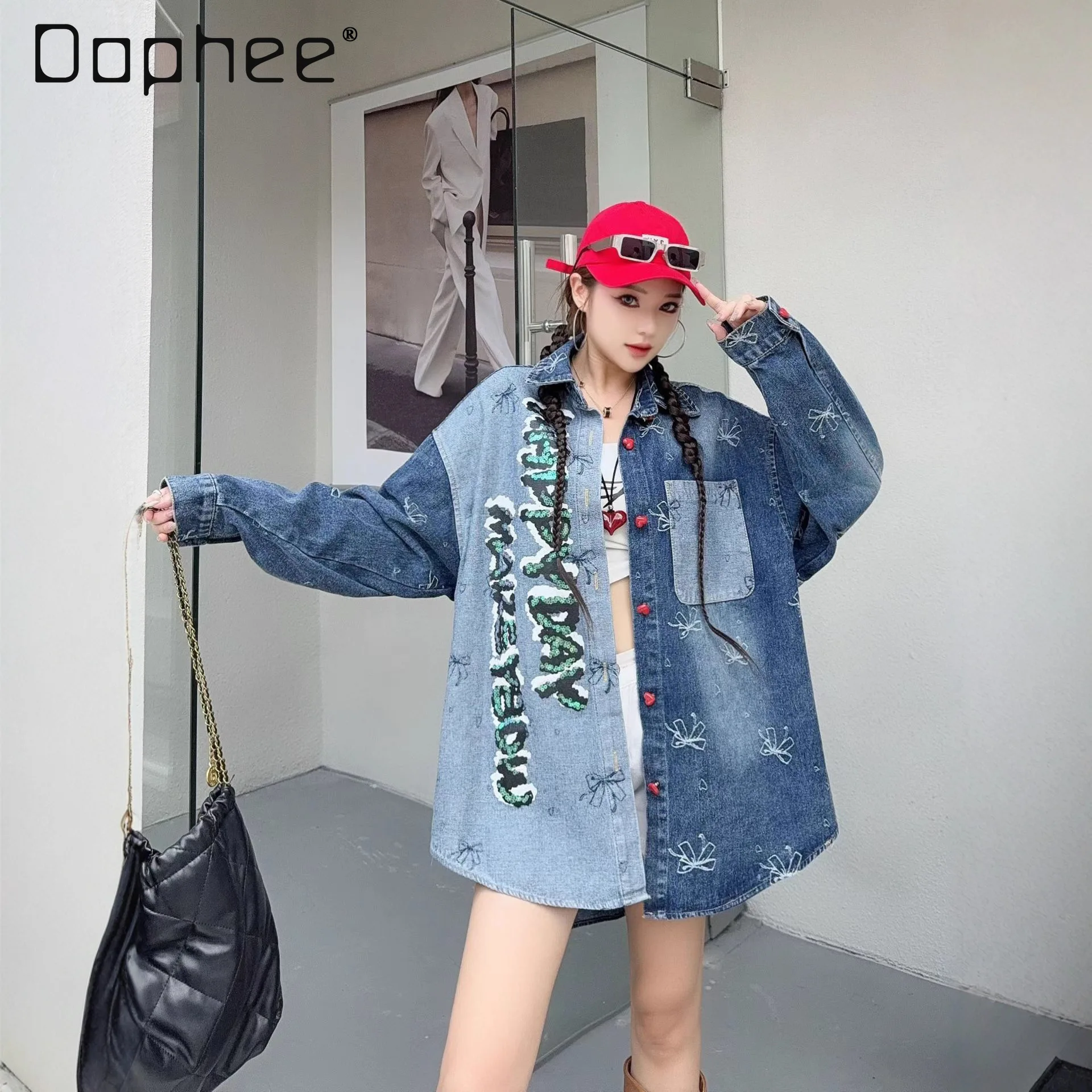 

Осенняя новая джинсовая рубашка с длинными рукавами и блестками с мультяшным принтом для женщин, свободная куртка средней длины большого размера