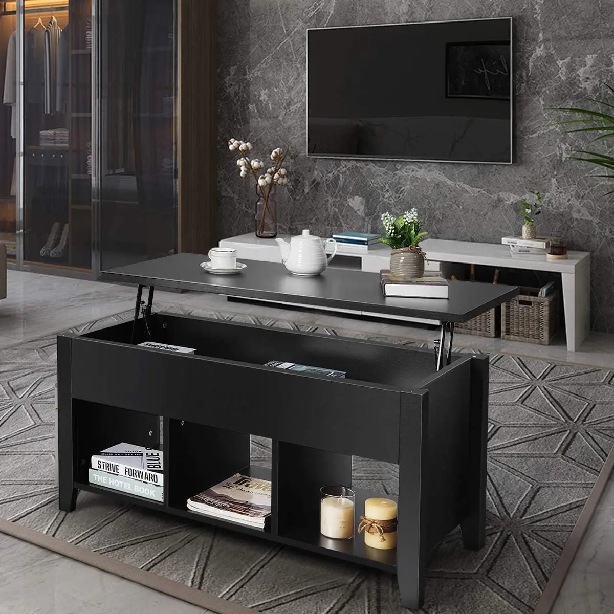 Lift Top Coffee Table, Wood Home Living Room Modern Lift Top Storage Coffee w/Hidden Compartment Lift Tabletop Furniture (Black)